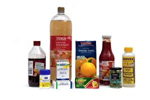 Items: Display of household items containing acids including