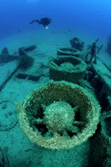 Scenics: Diver exploring the stern of the LST 349, a British Landing