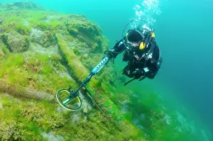 Instruments: Diver with the metal detector looking for a treasure