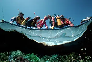 Enter: Divers in boat - fishes eye view of divers about