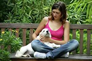 Stroking: Dog - Golden Retriever puppy with girl on bench