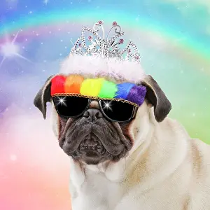 Sunglasses: Dog - Pug - wearing princess crown / tiara and Rainbow