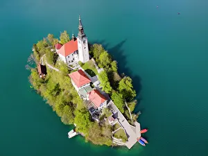 Bled: Drone shot, Bled Island with St. Marys Church