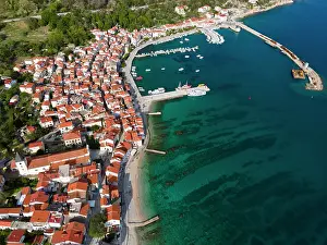 Croatia: Drone shot, harbour and Baska, island of Krk, Kvarner