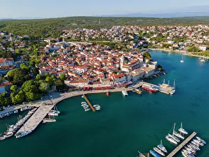 Croatia: Drone shot, Old Town, Krk Town with St. Marys Basilica