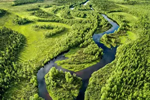 Sinuosity: Drone view, aerial photo of a river loop, meander