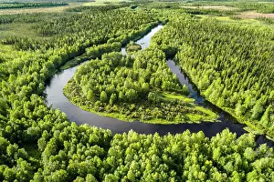 Sinuosity: Drone view, aerial photo of a river loop, meander