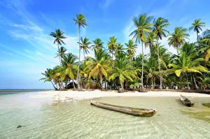 Arecaceae: Dugout boats, deserted beach with palm trees on