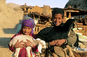 Nomads: Egypt - Bedouin children cuddle goats