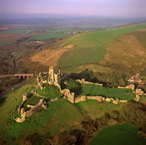 Corfe: England - Aerial view, Corfe Castle, Dorset