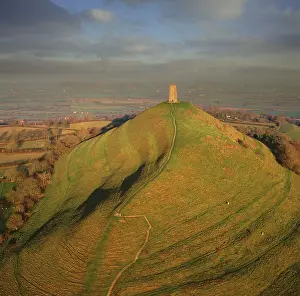 Glastonbury: England - Aerial view of Glastonbury Tor showing