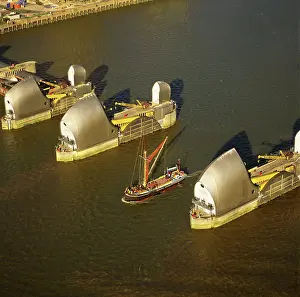 Barges: England - Aerial view, Thames barrier and Thames Barge