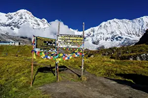 Base: Entrance gate of Annapurna Base Camp, back snow