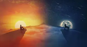 Moon: Equinox concept with sunrise against moonrise sc