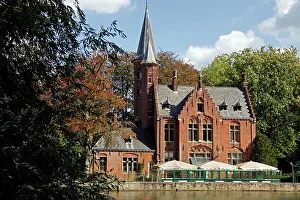 Steeple: Europe, Belgium, Bruges. Brick church on