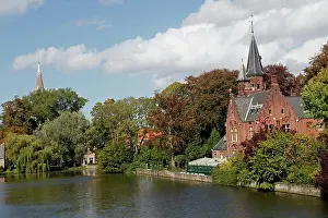 Steeple: Europe, Belgium, Bruges. Brick church on