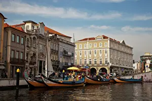 Moored: Europe, Portugal, Aveiro. Moliceiro boats