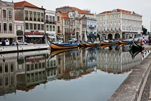 Moored: Europe, Portugal, Aveiro. Moliceiro boats