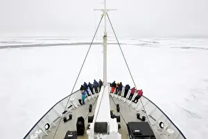 Amidst: Expedition ship amidst ice field with people on the bow