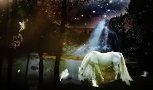 Generated: Fairyland, inicorn with fairy on lake in the for