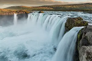 Godafoss: Falling water masses, evening light, waterfall Godafoss