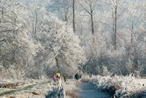 Ditch: Family walking in rime ice covered winter landscape