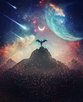 Moon: Fantastic creature with angel wings on the top of