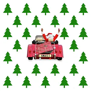 Delivering: Father Christmas driving car with presents and Christmas