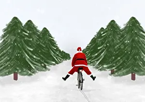 Bicycles: Father Christmas riding bike through winter snow scene