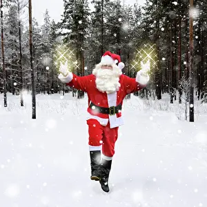 Sparkling: Father Christmas / Santa Claus waking through snow