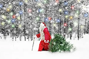 Father Christmas Santa waking through snow landscape wit