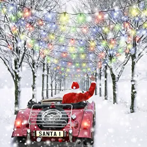 Waving: Father Christmas waving, driving car through