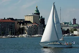 Dock: Finland, Helsinki. Sailboat in harbor with