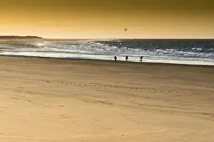 Worms: Fishermen looking for worms on Calais beach at sunset