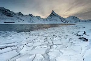 Floes: Fjord with ice floes in winter, back mountain, Fredvang