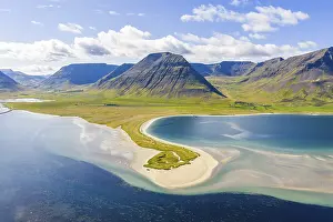 Estuary: Fjord with sandy beach and mountains