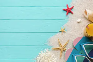 Composition: Flat lay composition sand beach accesories