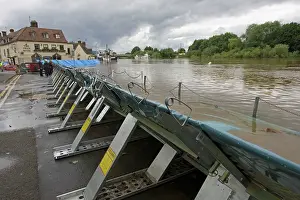 Floods: Flood barriers alongside River Severn June 27 2007