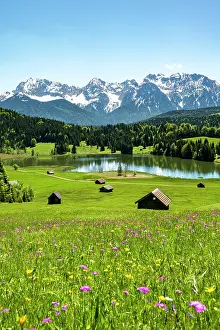 Foothills: Flower meadow with hay barn at Geroldsee, view of