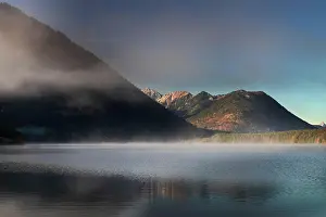 Upper: Fog gives way to sun at autumn sunrise at Sylvensteinsee