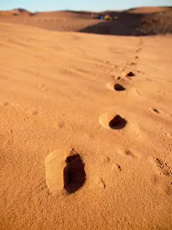 Wells: Footprints in desert, in Erg Chebbi, Morocco