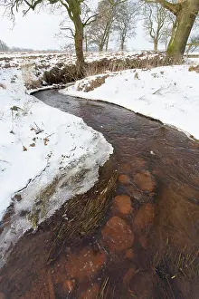Ages: Ford with stones in stream in snow covered landscape with tr