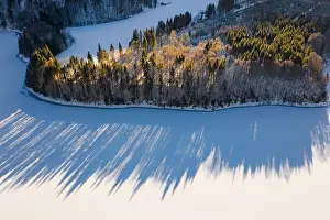 Isarwinkel: Forest in morning light, Sylvensteinsee, aerial