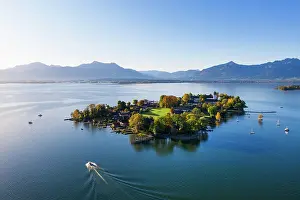 Foothills: Fraueninsel with alpine chain, Frauenchiemsee, Chiemsee