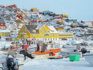 Fishery: The frozen harbor of Uummannaq during winter in