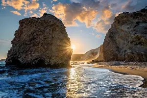 Cyclades: Fyriplaka beach and waves of Aegean sea on sunset