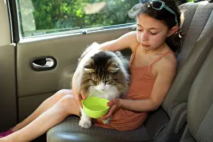 Seats: Girl - giving cat a drink - in rear of car