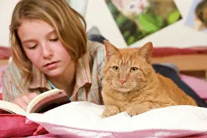 Reading: Girl lying on bed reading, with ginger cat