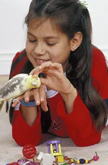 Latino: Girl Scratching Cockatiel's Neck