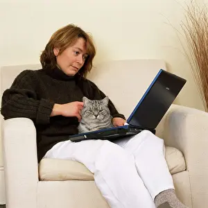 Laptop: Girl with Silver Tabby CAT - In contemporary setting
